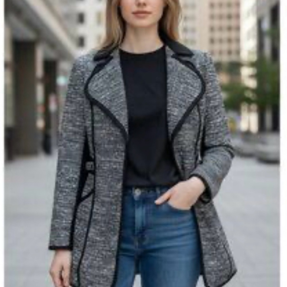 Laundry By Shelli Segal Gray Tweed Blazer with Black Trim